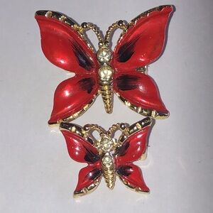 Elegant Red Enamel Butterfly Boho Brooch Pin Set